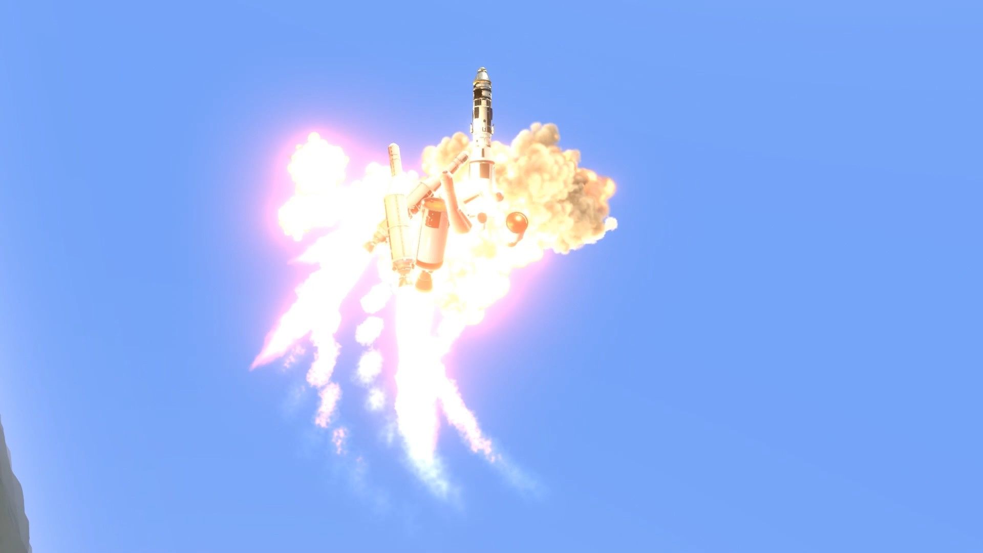 Image of a a Rocket exploding in Kerbal Space Program.