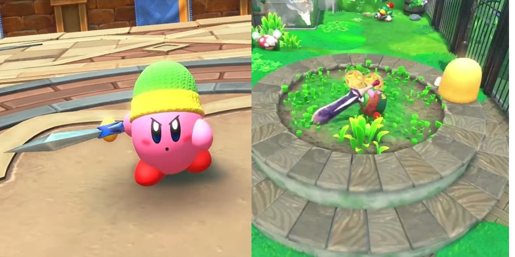 Kirby using the basic Sword and the Gigant Sword in Kirby and the Forgotten Land