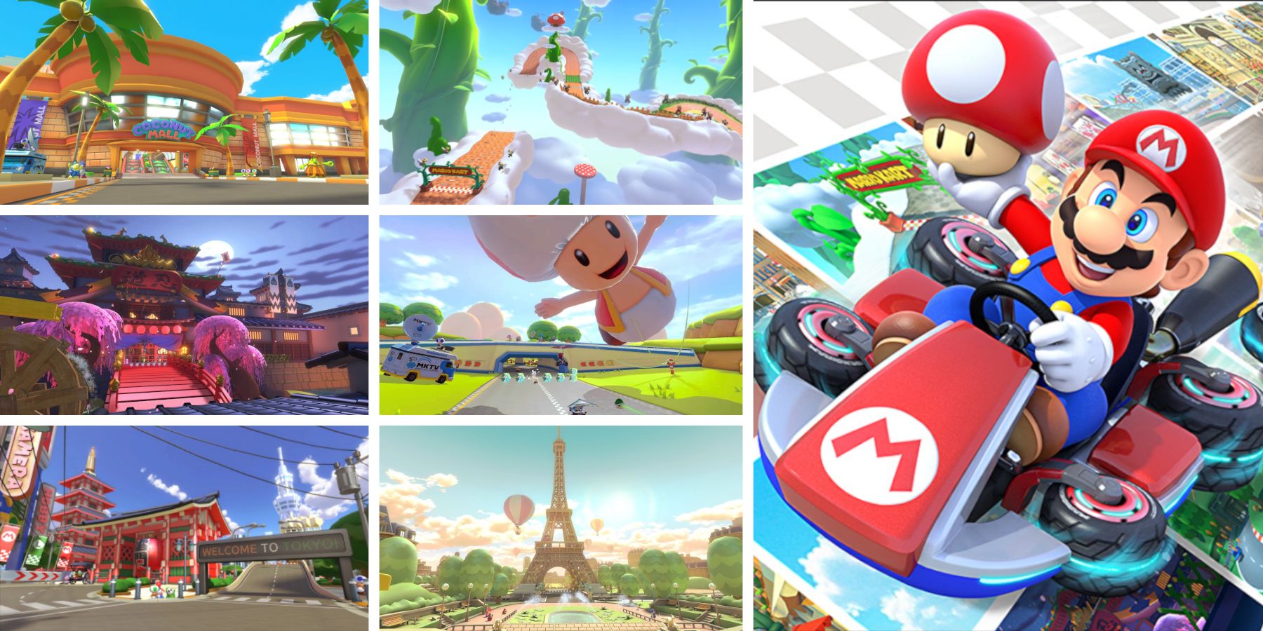 Six of the new Mario Kart 8 Deluxe courses appear in a split screen next to Mario in a go-kart.