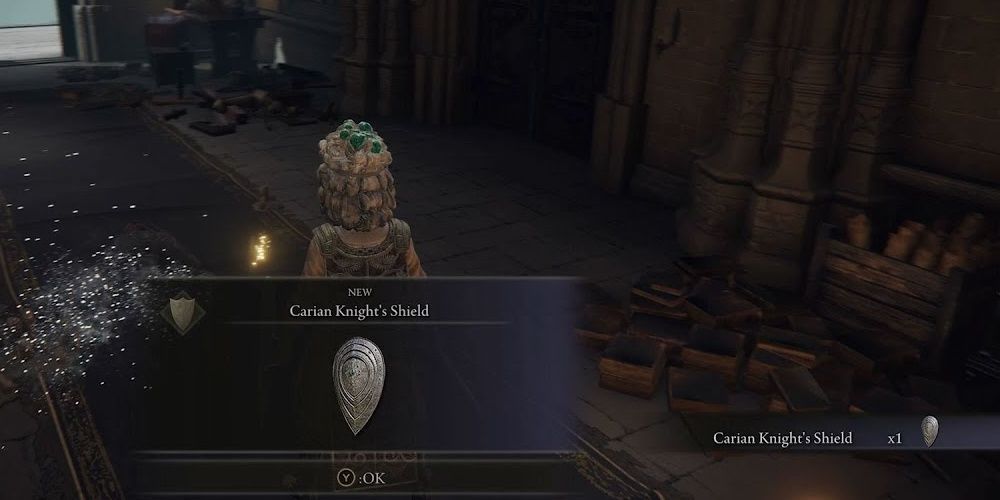 Player finding the Carian Knight's Shield in Elden Ring.