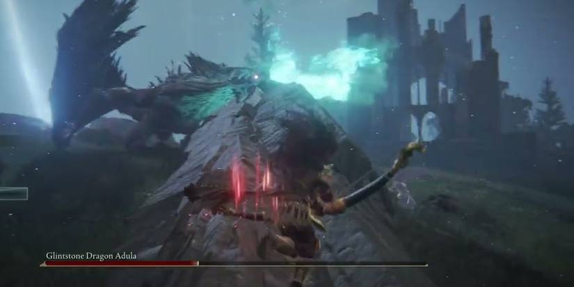 Player fighting Glintstone Dragon Adula in Elden Ring.