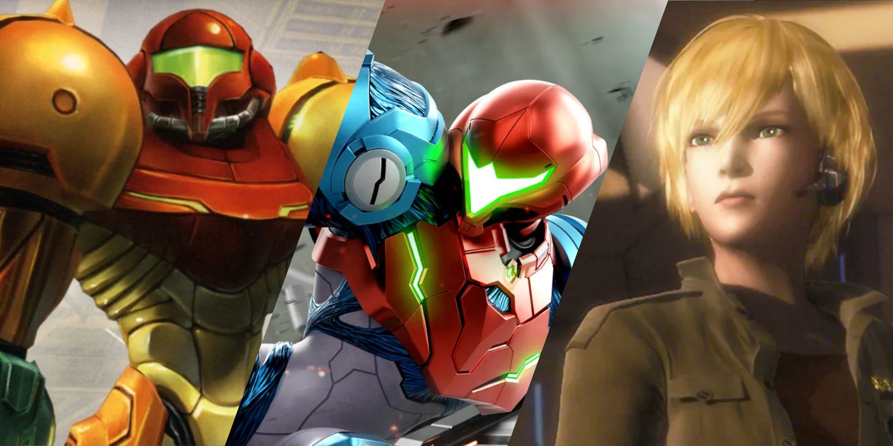 A three-way splitscreen of Samus as she appears in Metroid Prime, Metroid Dread, and Metroid Other M