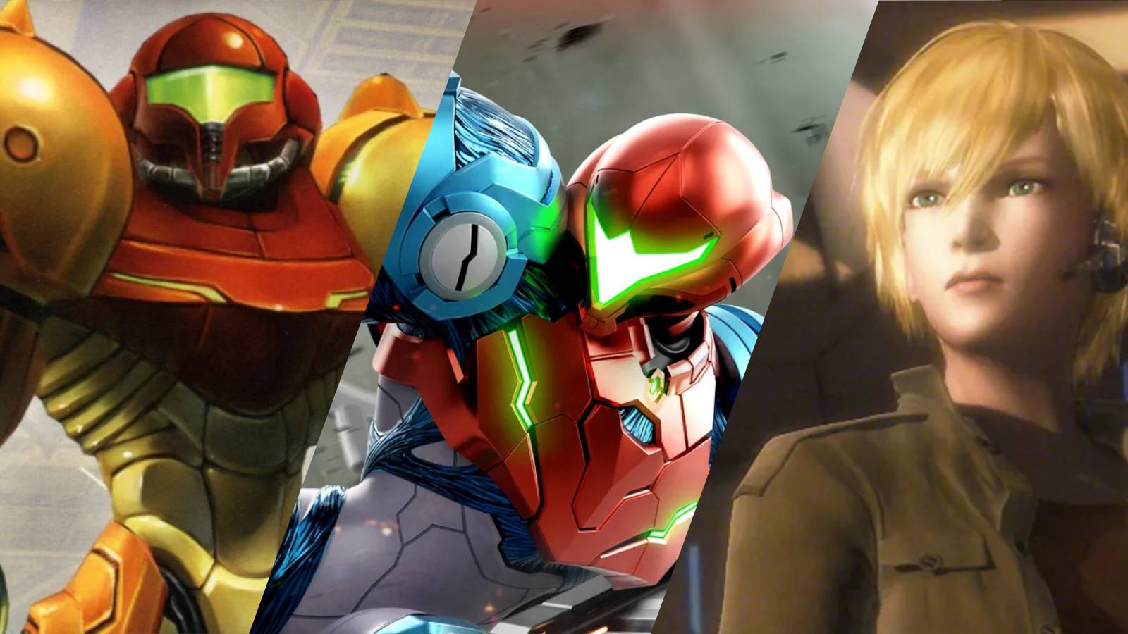 A three-way splitscreen of Samus as she appears in Metroid Prime, Metroid Dread, and Metroid Other M
