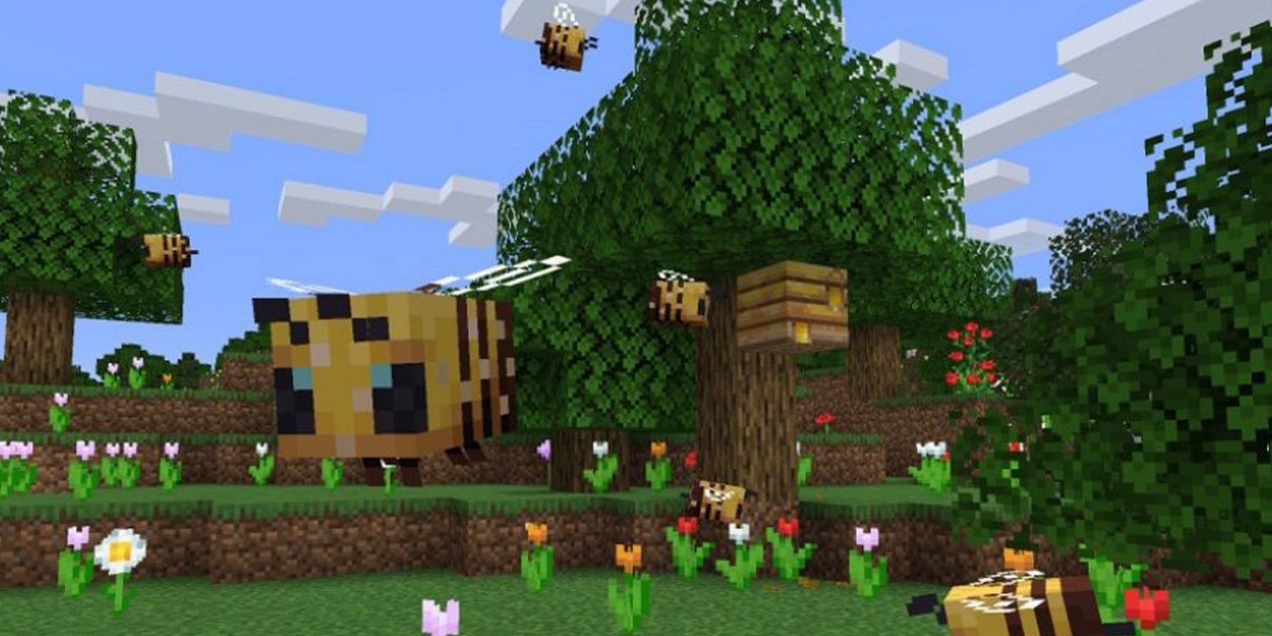 A screenshot from Minecraft showing some bees flying about outside.