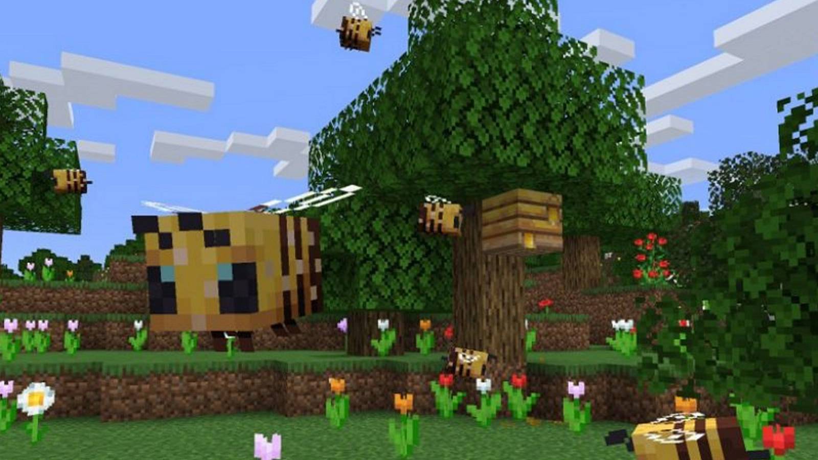 A screenshot from Minecraft showing some bees flying about outside.