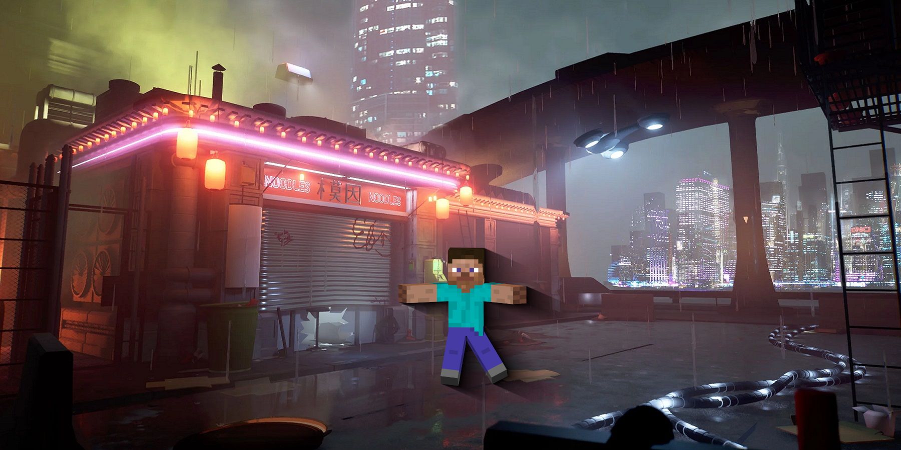 A cyberpunk, dystopian scene with Minecraft Steve in front of a neon garage.