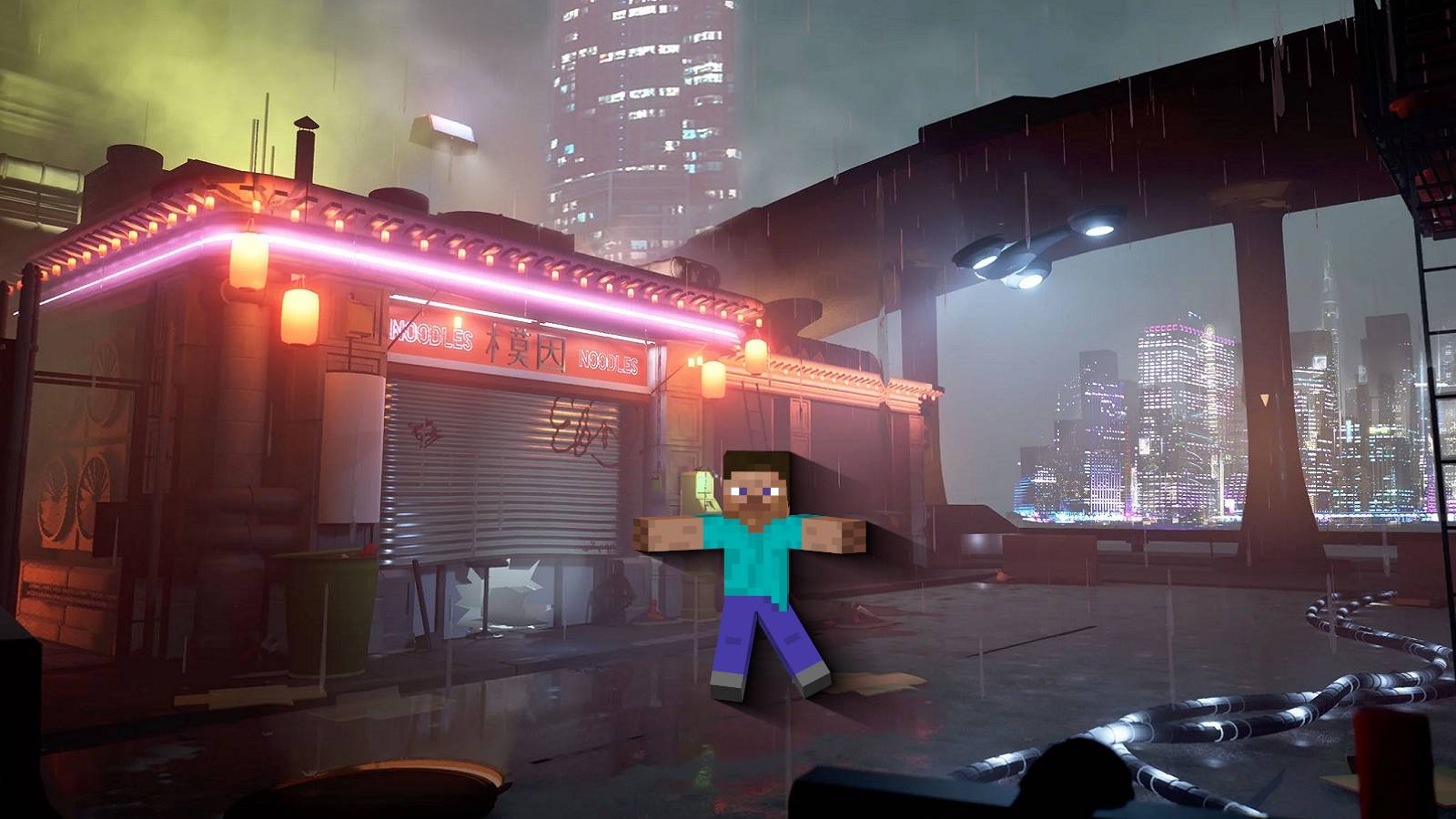 A cyberpunk, dystopian scene with Minecraft Steve in front of a neon garage.