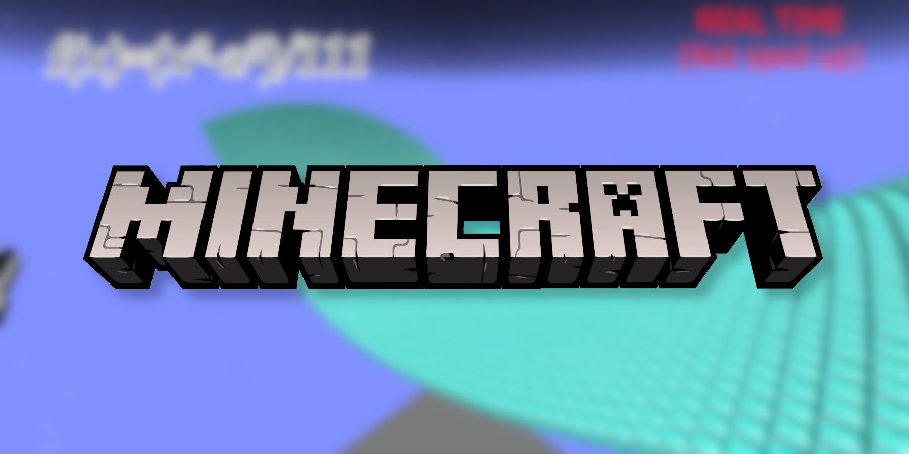 The Minecraft logo with a blurry graphing calculator in the background.