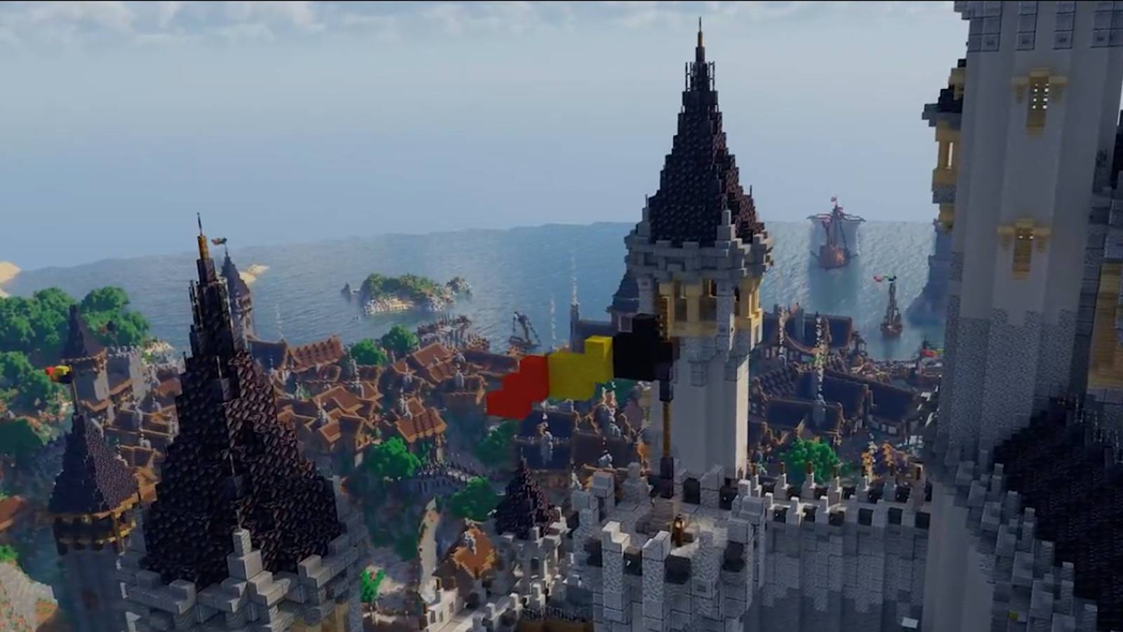 minecraft medieval city towers harbor houses