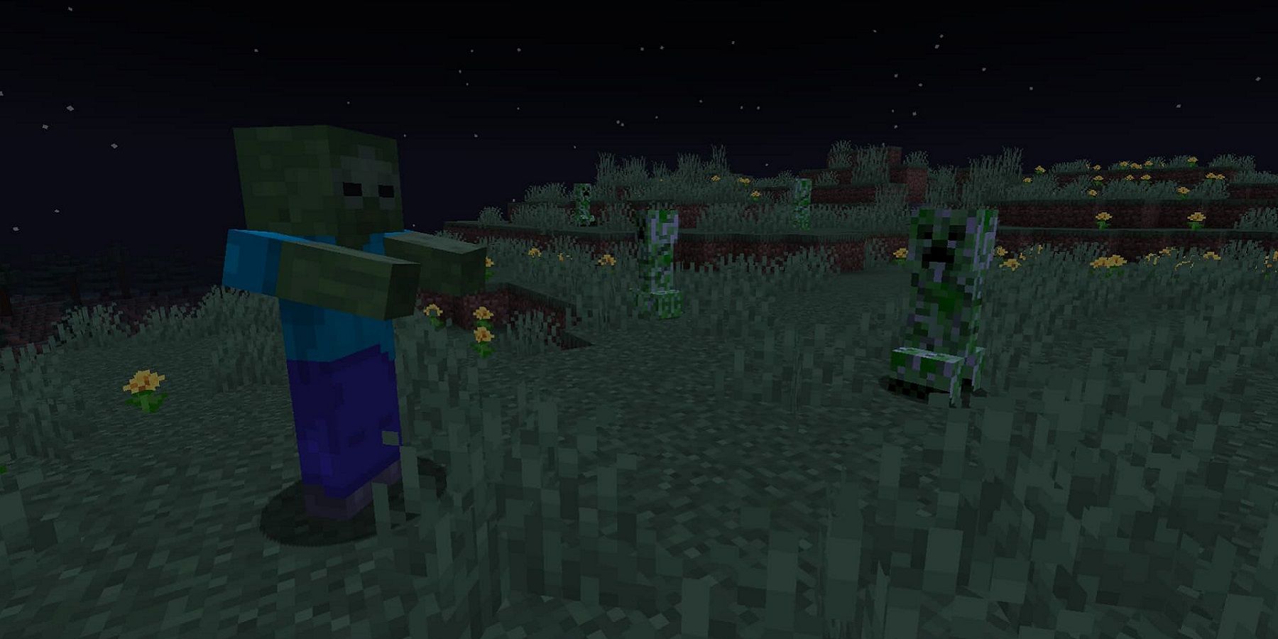 Screenshot from Minecraft showing a zombie and two creepers walking around at night.