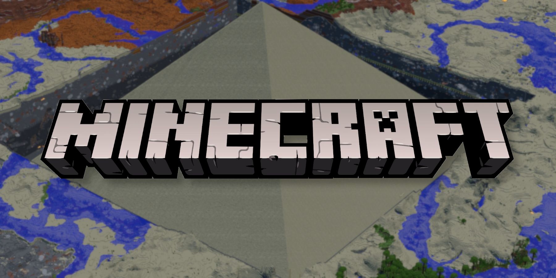 The Minecraft logo with a giant pyramid in the background.