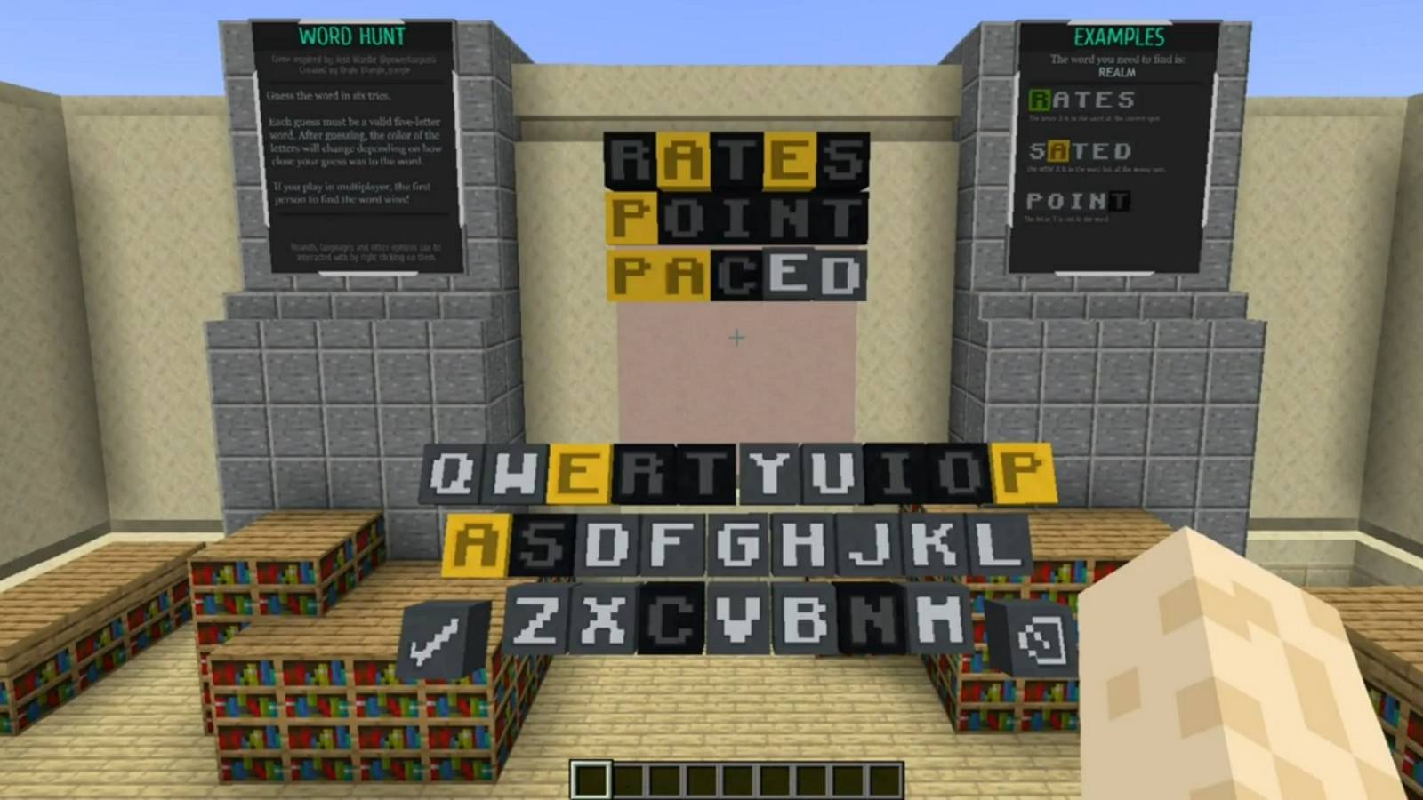 Screenshot from Minecraft showing a version of Wordle in the game.