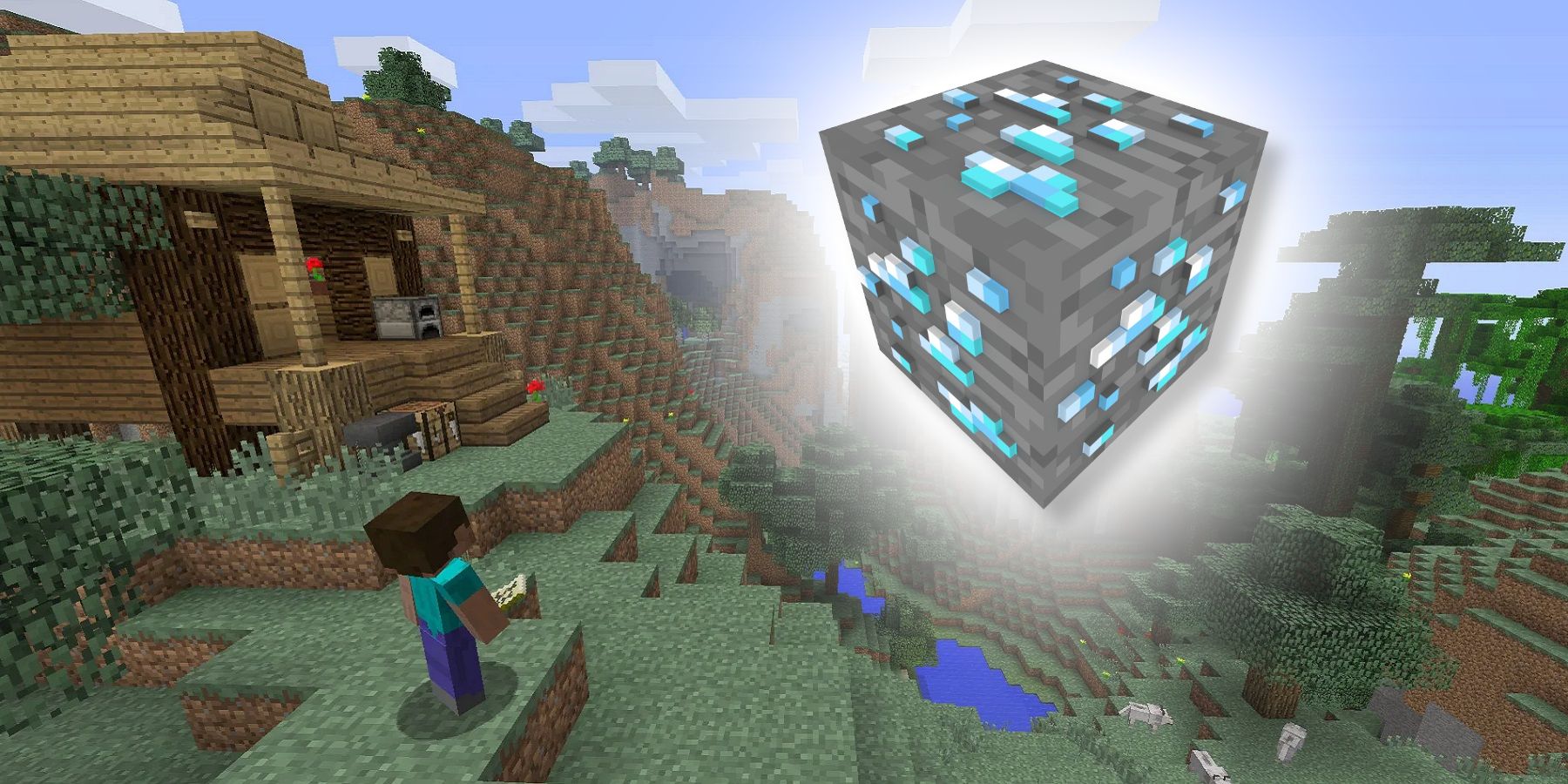 Изображение из Minecraft, на котором Стив смотрит вверх на гигантский светящийся алмазный блок.