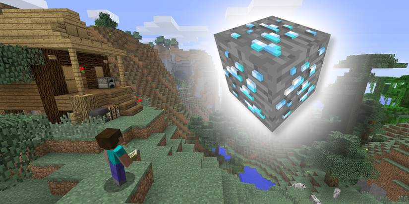 Image from Minecraft showing Steve looking up at a giant glowing diamond block.