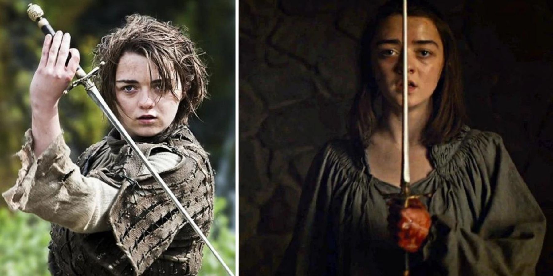Split image of Arya Stark wielding Needle in Game of Thrones.