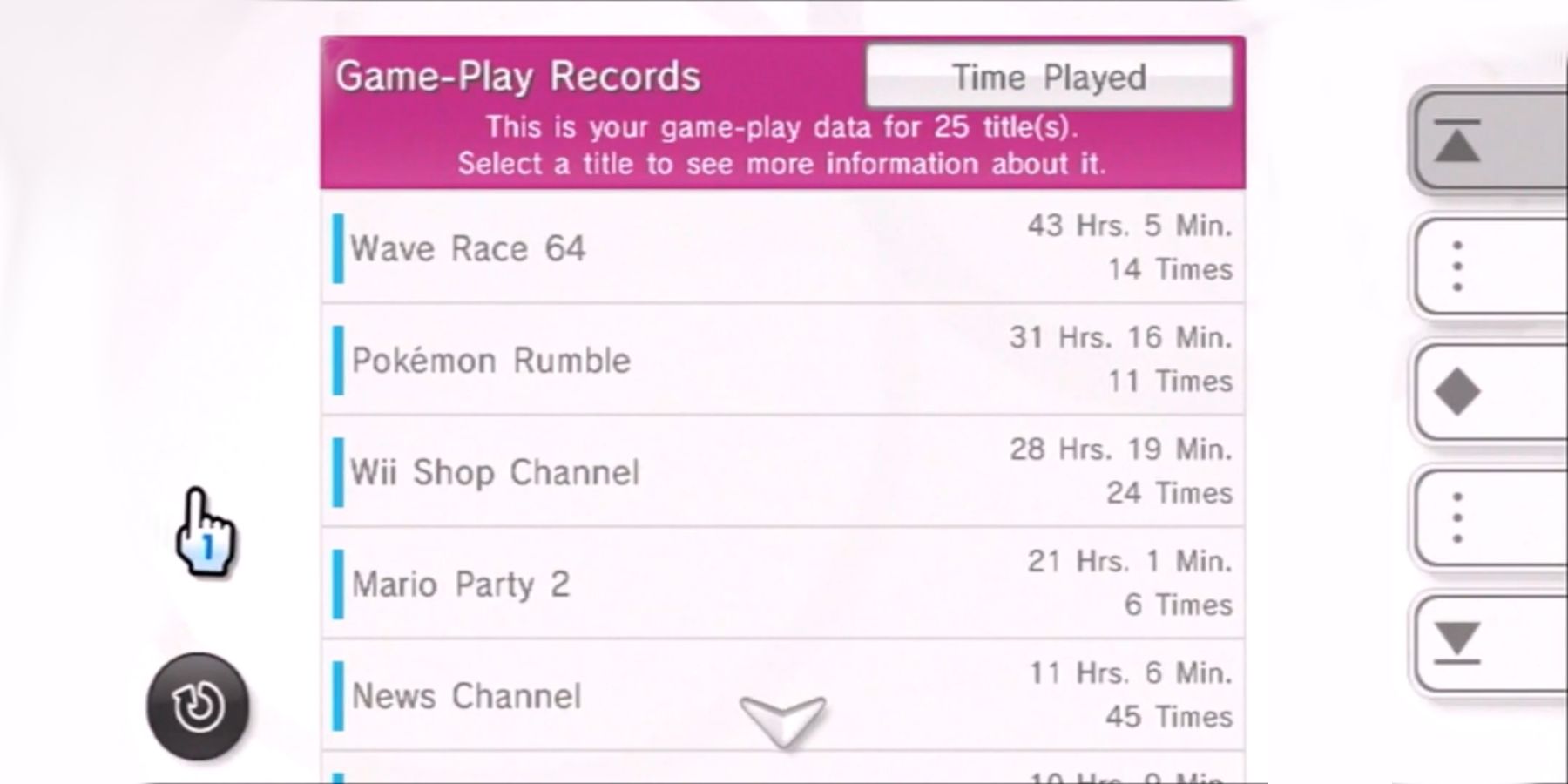 A list from the Nintendo Channel on the Wii showing a record of game-play times.