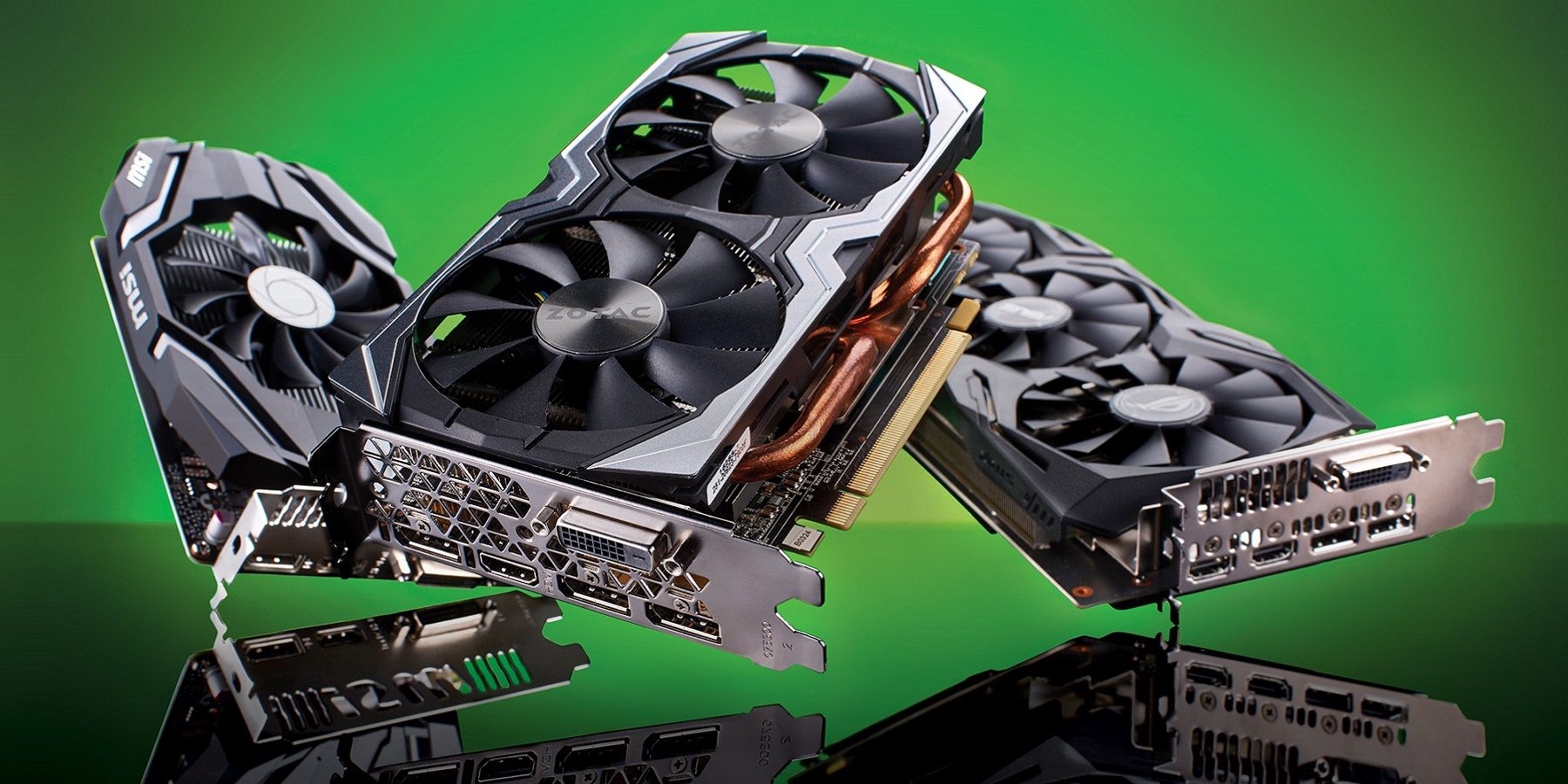 Some AMD and Nvidia graphics cards on a green background.
