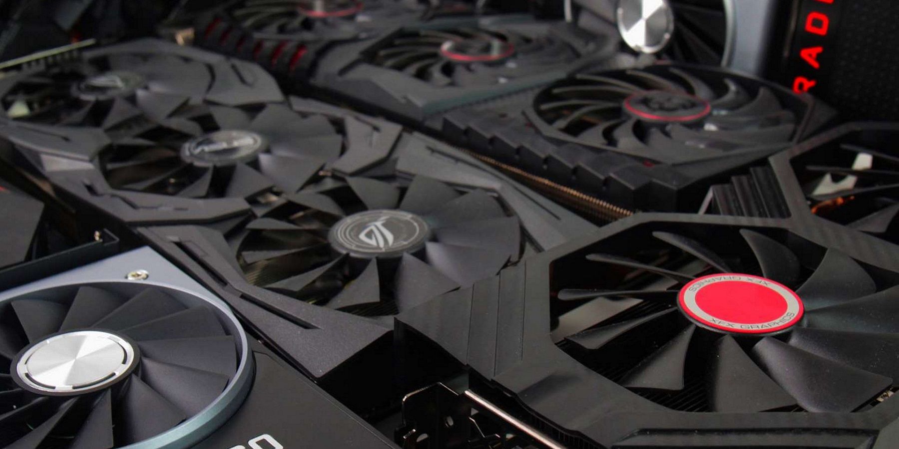 A photo showing a bunch of AMD and Nvidia graphics cards.
