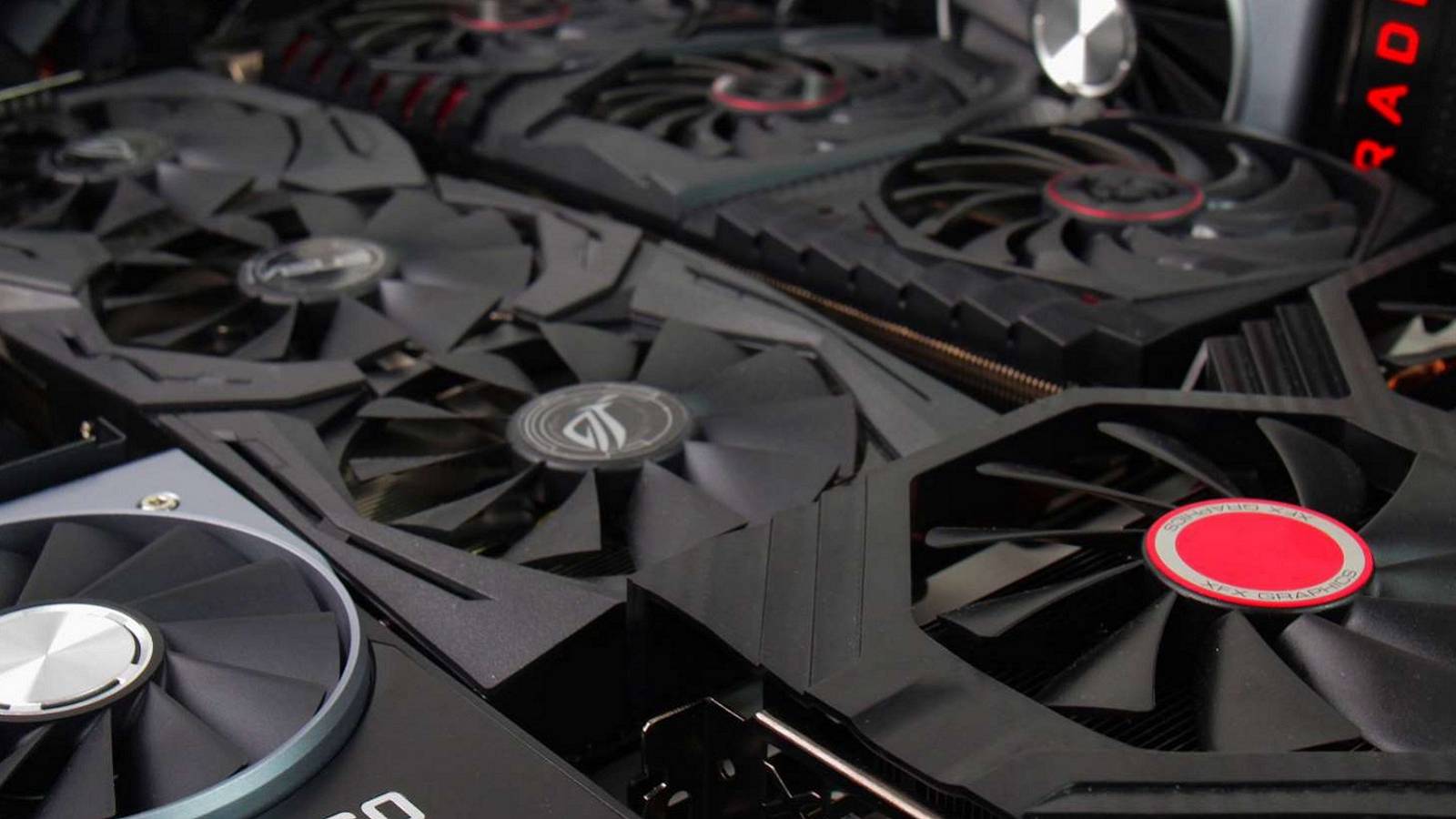 A photo showing a bunch of AMD and Nvidia graphics cards.
