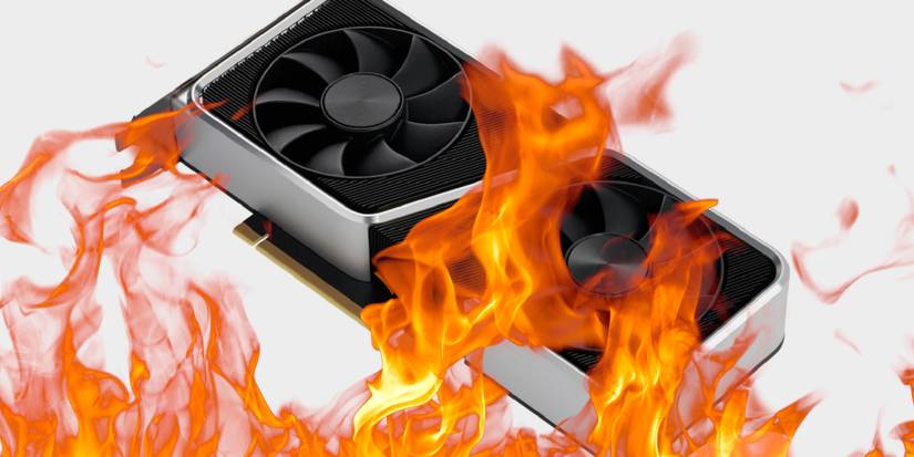 Image of an Nvidia RTX graphics card  with flames in front of it.