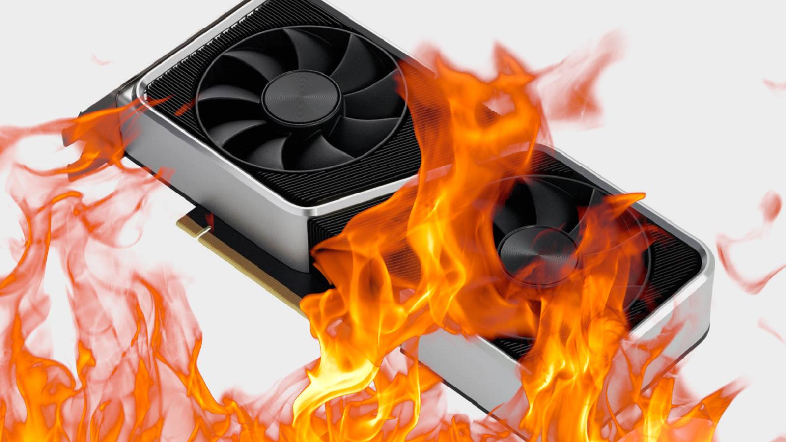 Image of an Nvidia RTX graphics card  with flames in front of it.