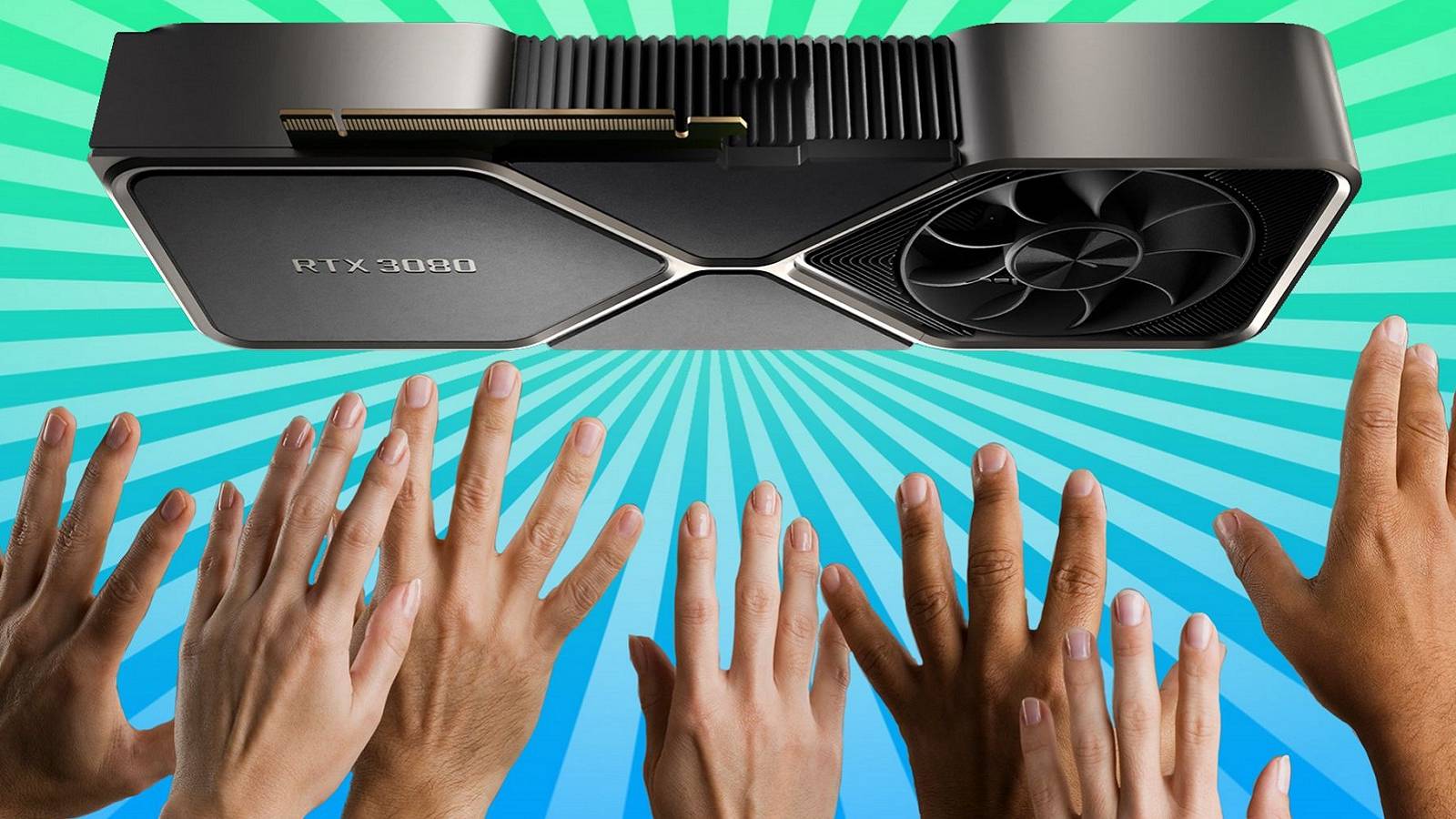 A photo showing a bunch of hands reaching up to an Nvidia RTX 3080 graphics card.
