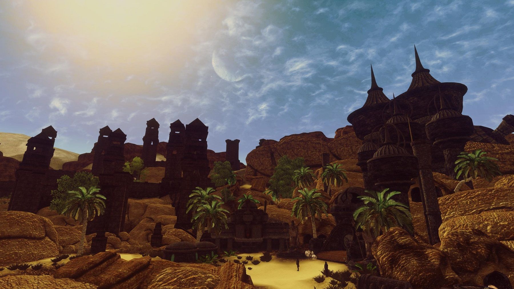 Screenshot from Oblivion mod "Prism of Hammerfell" showing a Dwemer ruin in the desert.