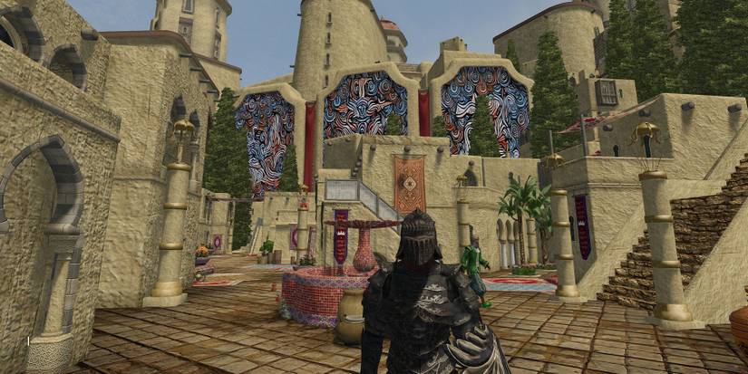Screenshot from the Oblivion mod "Prism of Hammerfell" showing a character in a town.
