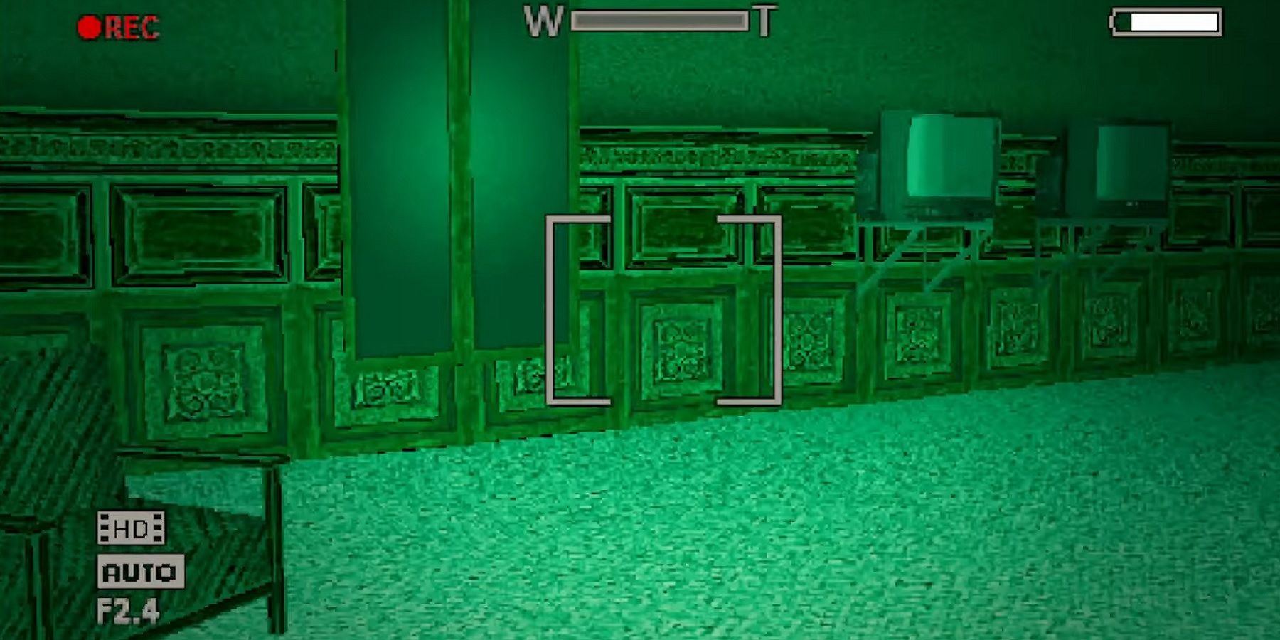 A PS1-style image showing Outlast's nightvision visuals in a pixilated form.