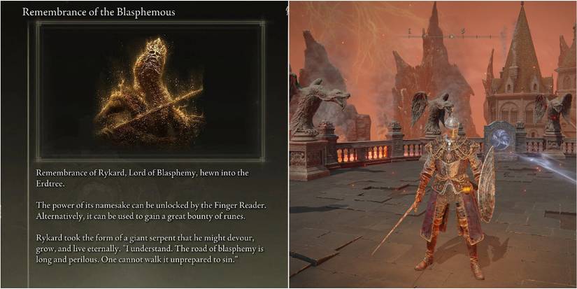 Remembrance of the Blasphemous and a player wielding Blasphemous Blade in Elden Ring.