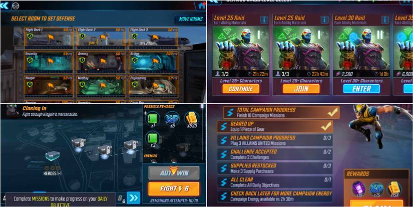 Showcase of Alliance War, Campaign Mission, Daily Challenges, and Raids from Marvel Srtike Force.