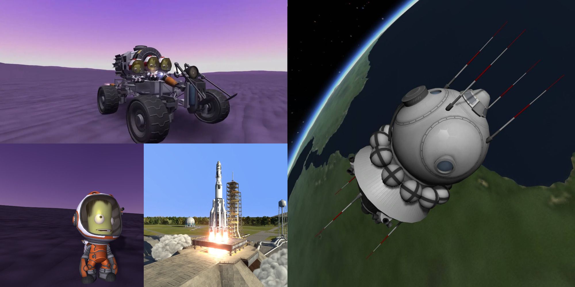 Various images of Kerbal Space Program showing a Kerbal, Land Rover, and Rocket.