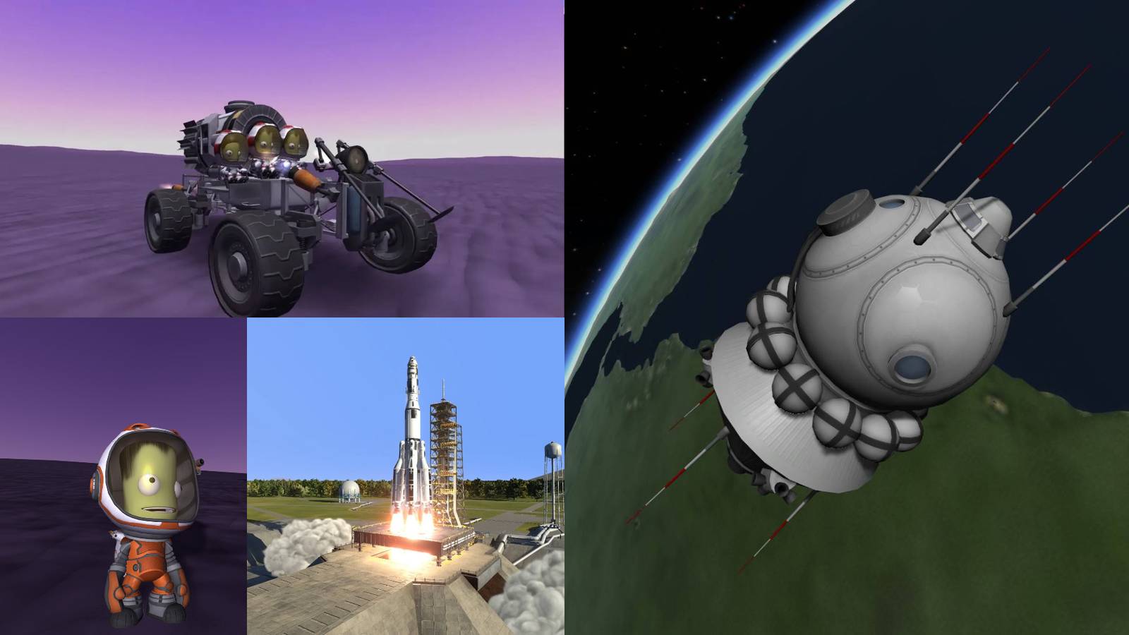 Various images of Kerbal Space Program showing a Kerbal, Land Rover, and Rocket.