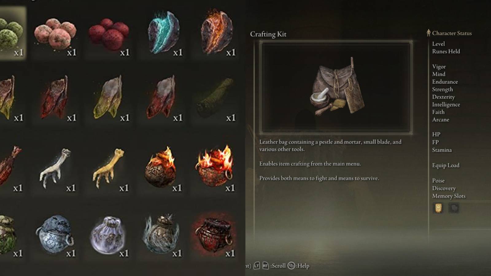 Crafting Kit and Various Craftable Items from Elden Ring.
