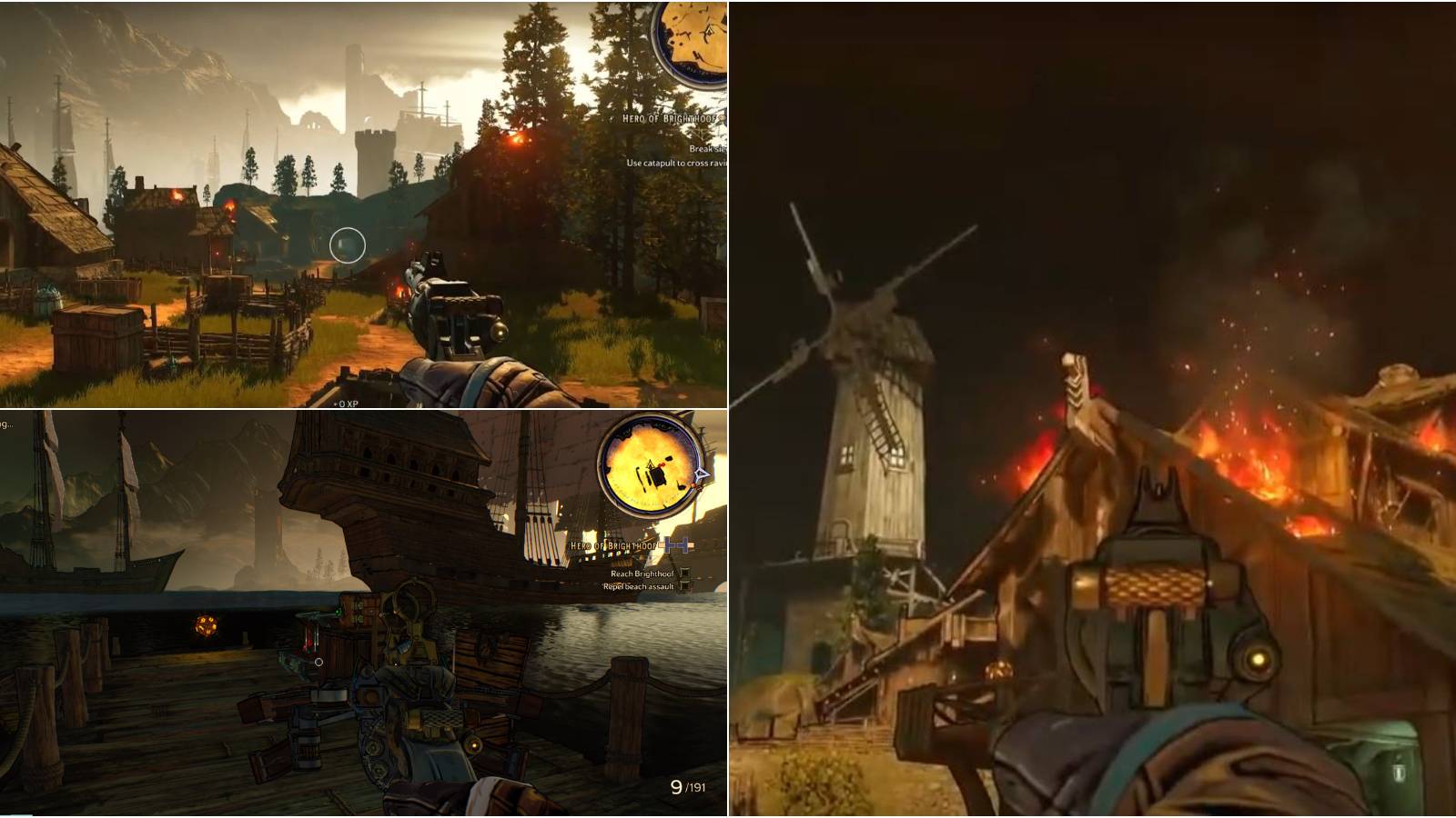 Showcase of different areas in Queen's Gate where players can find Lucky Dice in Tiny Tina's Wonderlands.