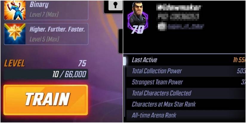 Showcase of the Character Level and Commander Level Menus from Marvel Strike Force.