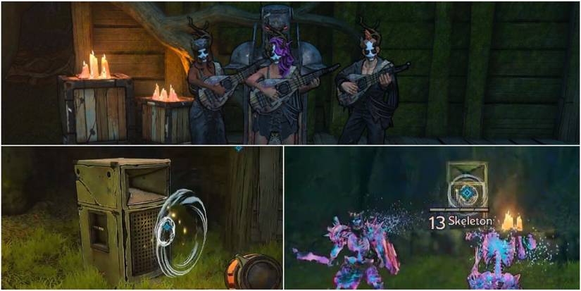 Speakers and Skeleton Enemies from Lyre and the Brimstone in Tiny Tina's Wonderlands.