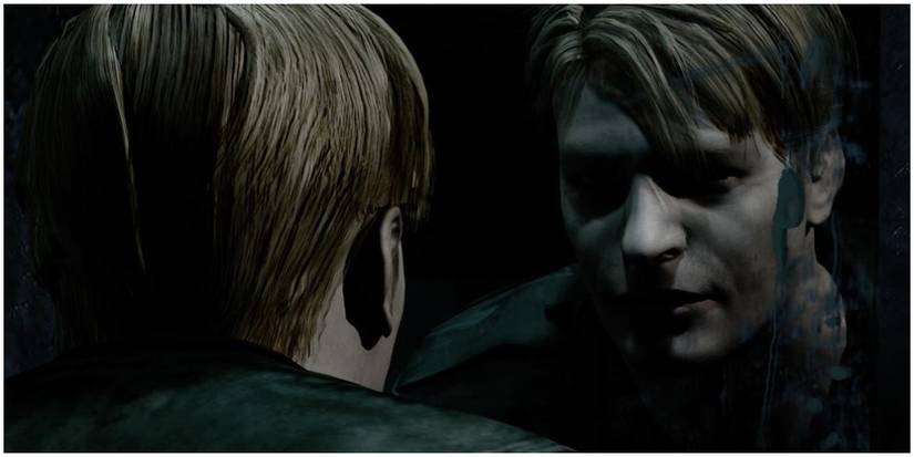 James looking into mirror.