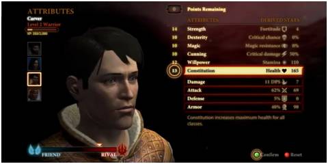 Carver's stat menu. 