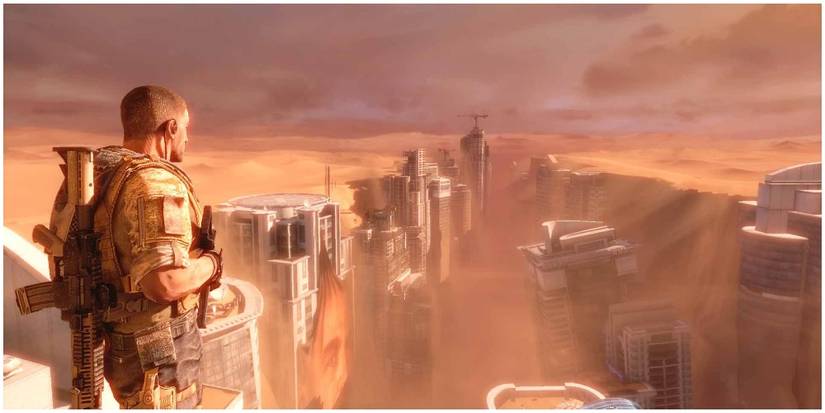 Solider looking at cityscape.