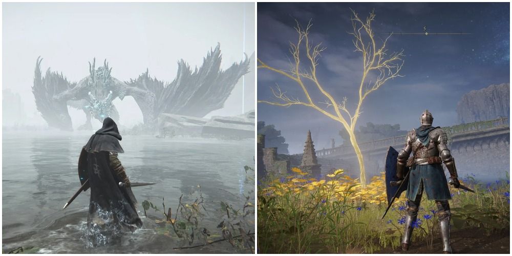 Split image of lake, dragon, and flowers with glowing tree.