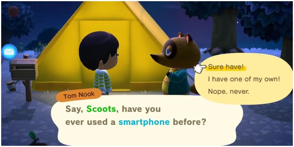 Tom Nook talking to protagonist outside tent.