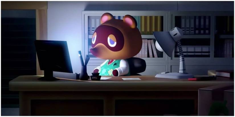 Tom Nook at computer desk.