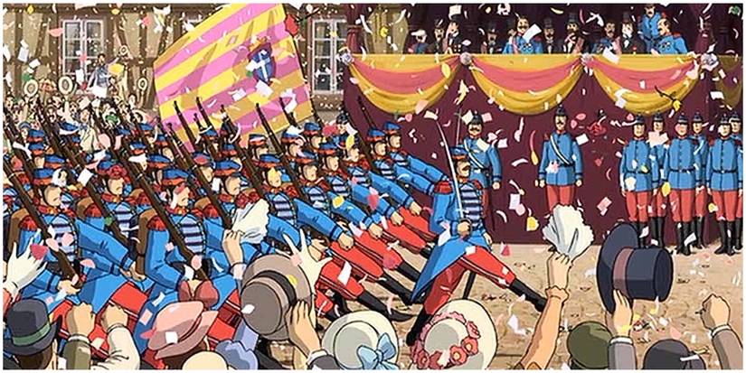 Soldiers marching in Howl's Moving Castle.