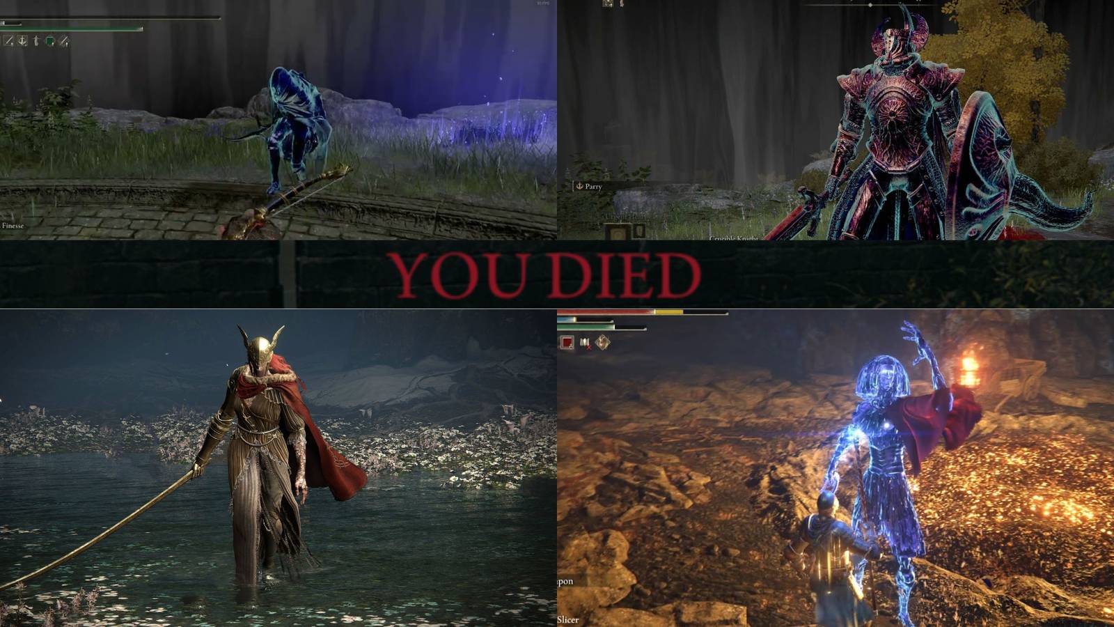 Showcase of different World Bosses (Malenia Blade of Miquella, Alecto Black Knife Ringleader, Crystalians, and Crucible Knight) from Elden Ring.