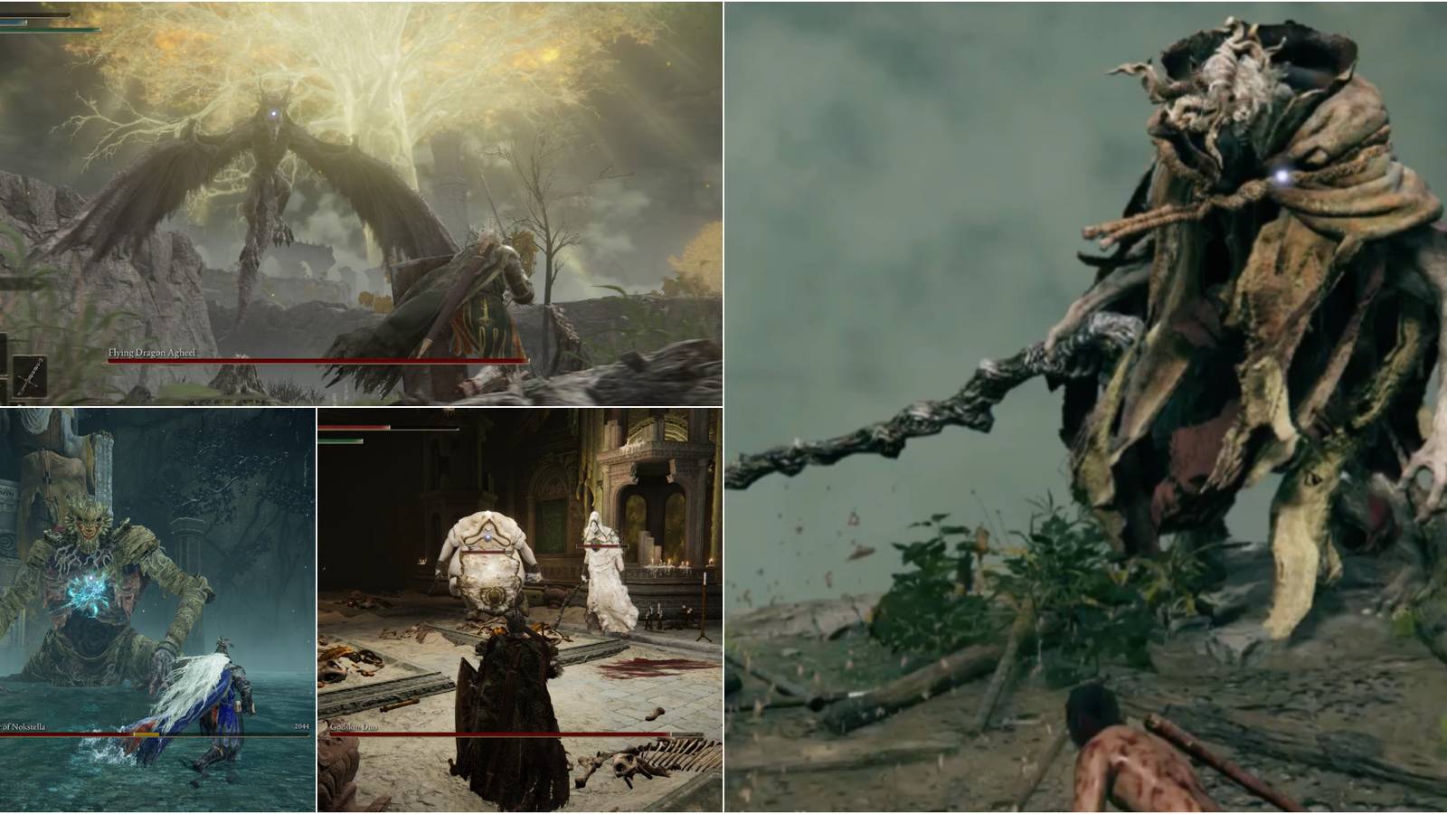 Showcase of various Mini-bosses (Dragonkin Soldier of Nokstella Godskin Duo Flying Dragon Agheel Margit the Fell Omen) in Elden Ring.