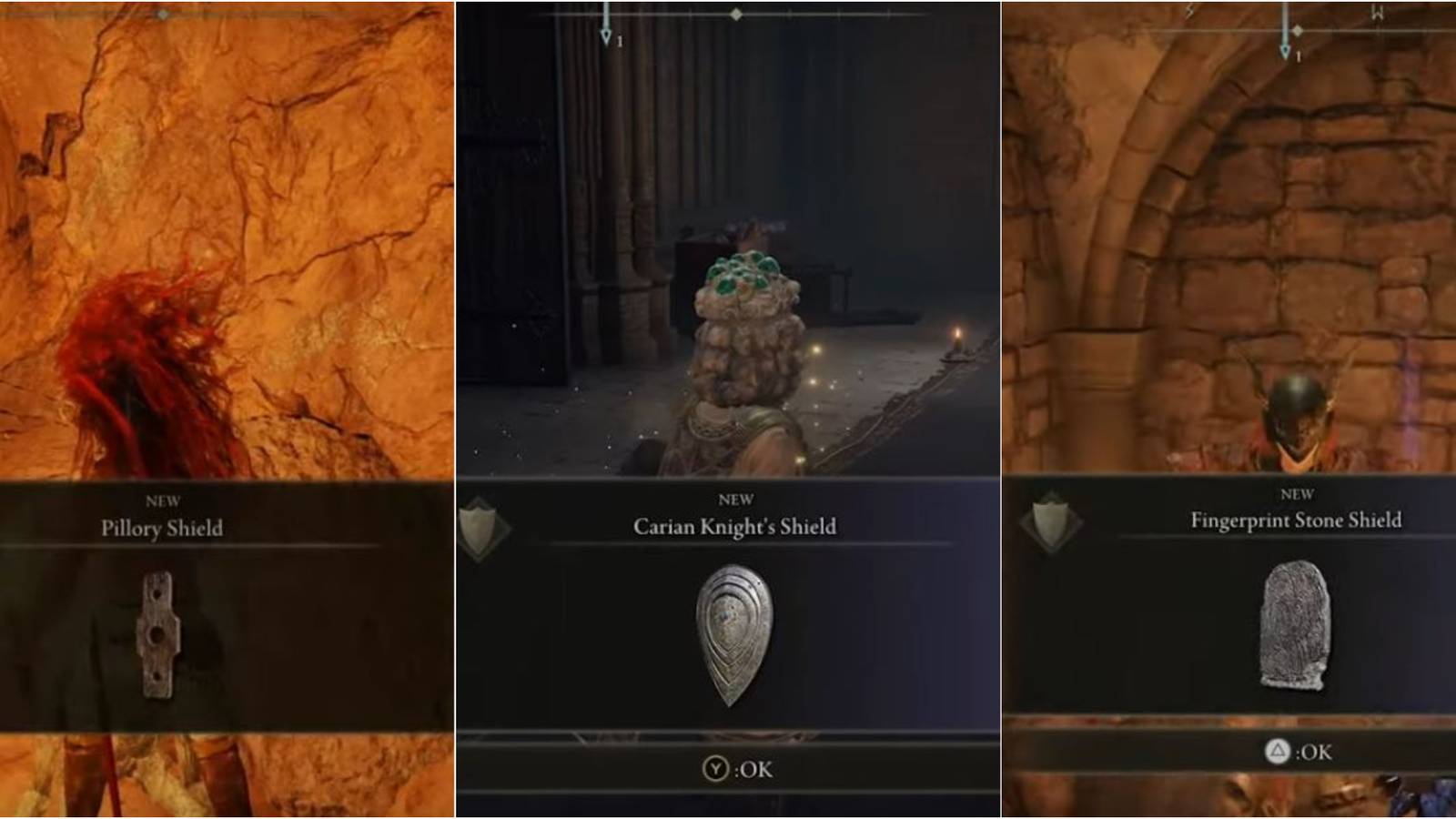 Elden Ring Pillory Shield, Carian Knight's Shield, Fingerprint Stone Shield