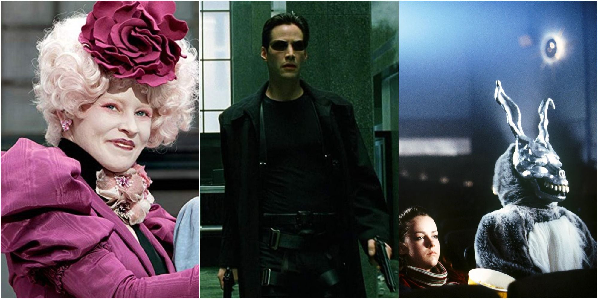 Split image of Donnie Darko rabbit, Neo from the Matrix, Effie from Hunger Games