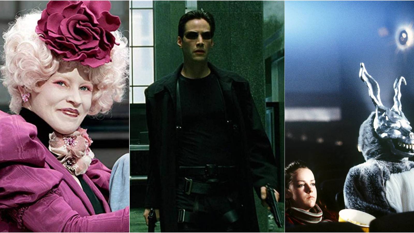Split image of Donnie Darko rabbit, Neo from the Matrix, Effie from Hunger Games
