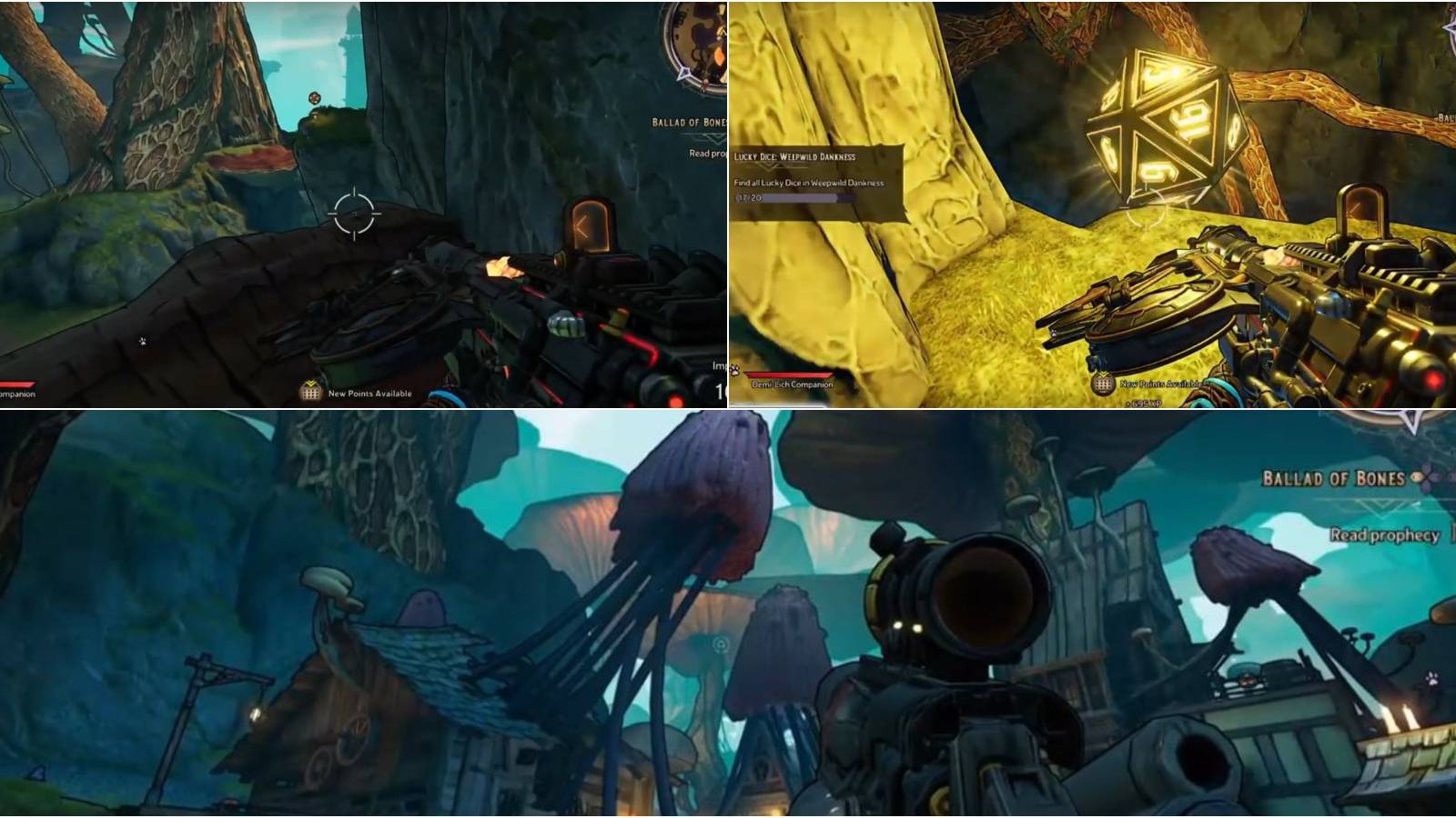 Showcase of the various Lucky Dice Locations in Weepwild Dankness in Tiny Tina’s Wonderlands.